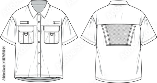 Technical short-sleeve shirt vector illustration, fashion flat sketch, front and back views, garment design template, apparel construction, clothing blueprint