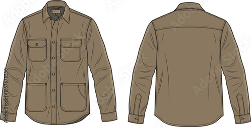 Technical utility shirt vector illustration, fashion flat sketch, front and back views, button-up design, garment template, clothing blueprint, apparel construction