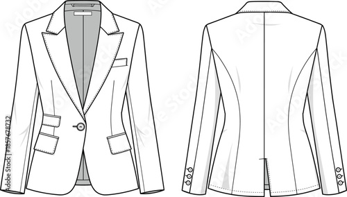 Technical women's blazer vector illustration, fashion flat sketch, front and back views, garment design template, tailored jacket drawing, apparel blueprint