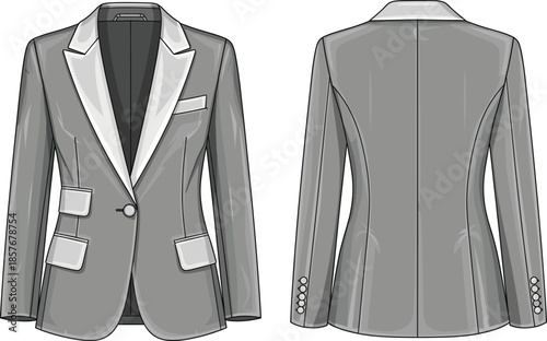 Technical women's blazer vector illustration, fashion flat sketch, front and back views, tailored single-button design, garment template, clothing blueprint, apparel construction