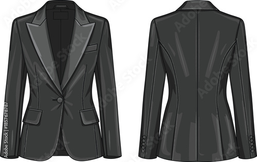 Technical women's blazer vector illustration, fashion flat sketch, front and back views, tailored single-button design, garment template, clothing blueprint, apparel construction