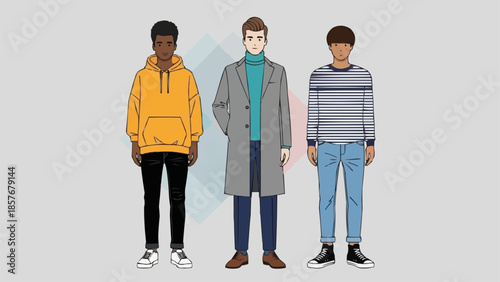 Three Stylish Men Showcase Diverse Fashion Outfits.