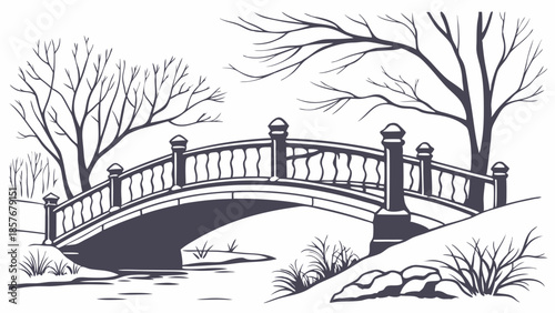 Monochrome Arched Stone Bridge Vector Illustration Winter Park Landscape Drawing Elegant Architecture Tranquil Nature Scenery Design