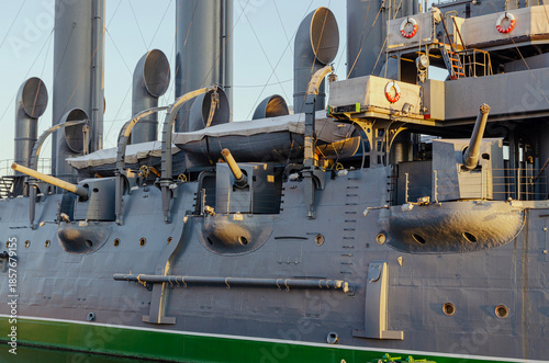Side view of the warship of the cruiser Aurora.