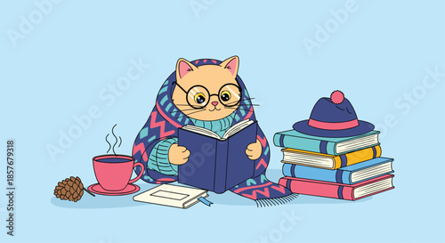 Cozy winter scene featuring a cute ginger cat wearing glasses and wrapped in a blanket reading a book with a cup of hot coffee and a stack of books.