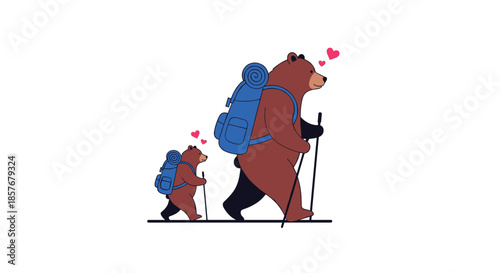 Father and son brown bear characters hiking through the wilderness with blue backpacks and trekking poles to represent family outdoor adventure.