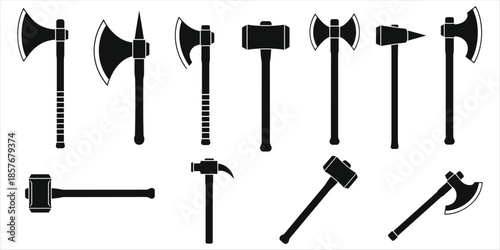 Assortment of black silhouette axes and hammers for combat and tools hatchet sledgehammer