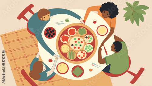 Diverse Friends Sharing Dinner Illustration Happy Group Eating Pizza and Food Togetherness and Community Gathering Overhead View Flat Design Graphic