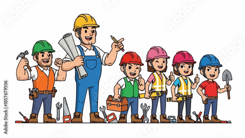 Diverse Team of Construction Workers and Apprentices Ready to Build.
