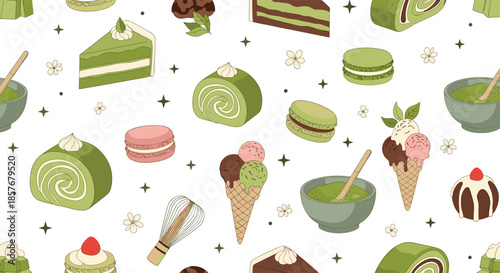 Delicious seamless pattern design featuring matcha green tea cakes, ice cream, macarons, and bowls for Japanese dessert and cafe theme concepts.