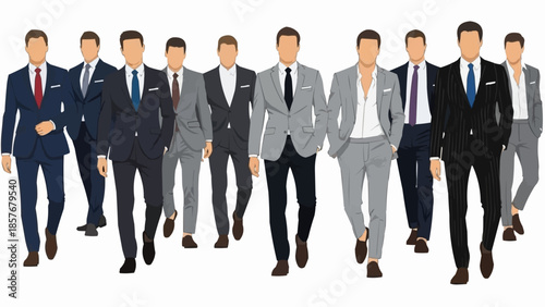 Group of men in suits walking forward confidently.