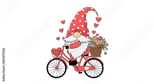 Charming garden gnome character riding a red bicycle with a basket of colorful flowers and floating hearts for spring and romantic gift concepts.