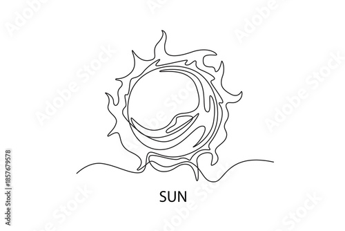 fiery sun. Moon, Star, Sun  and planet concept. Single line draw design. Vector graphic illustration