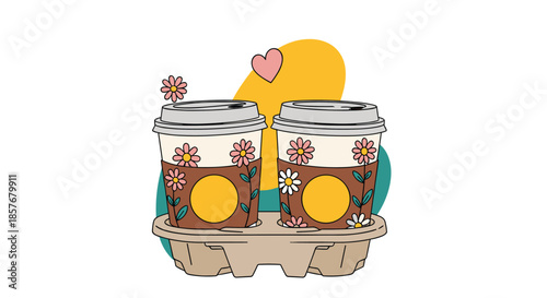 Two take-out coffee cups in a carrier tray decorated with pink daisy flowers and set against a colorful background.