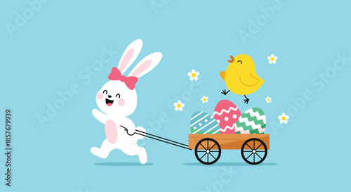 Playful Easter illustration showing a cute white bunny pulling a wooden wagon filled with eggs while a chick jumps.