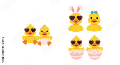 Several yellow ducklings in various festive themes including heart sunglasses, bunny ears, and colorful egg shells.