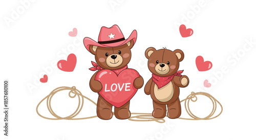 Two cute brown teddy bears dressed as cowboys wearing hats and bandanas while holding a large heart that says love.
