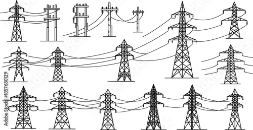 Assortment of high voltage power line towers and poles with cables electricity transmission tower