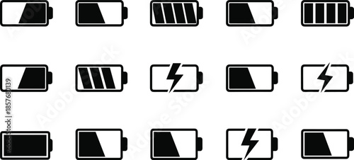 Battery charge level indicator icons with different levels and lightning bolt power energy