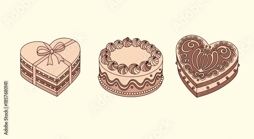 Trio of elegant heart-shaped and round cakes decorated with icing and ribbons in a vintage sepia or monochrome style.