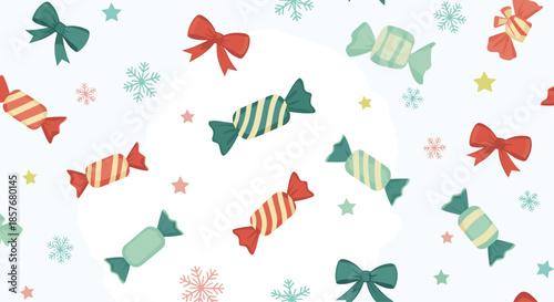 Festive seamless pattern with wrapped candies, colorful bows, and snowflakes on a light blue winter background.