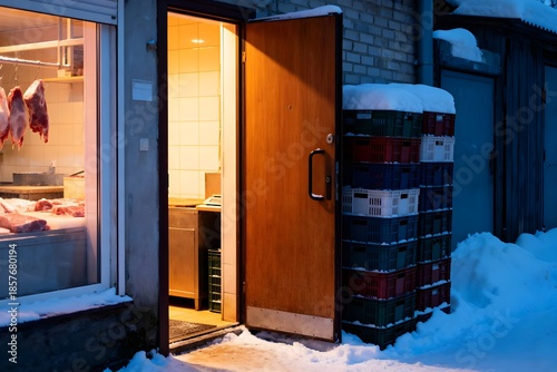 Hintereingang Metzgerei – Kisten, Schnee, Licht aus Türspalt
