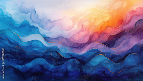 fond abstrait fluide aux ondes bleues, violettes et dorées