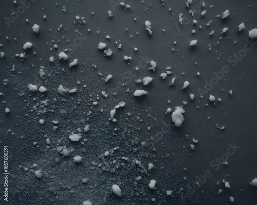 Abstract texture of scattered white snow particles on dark gray background creating a frosty surface