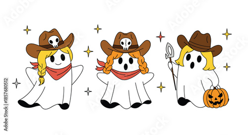 Group of cute ghosts dressed in cowboy hats and bandanas with one holding a carved Halloween pumpkin under a starry night sky.