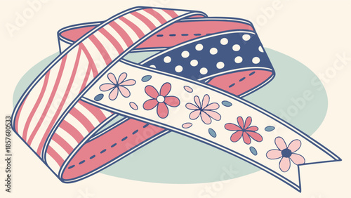Charming Vintage Decorative Ribbon Illustration with Stripes Polka Dots and Flowers for Crafting DIY and Packaging Design