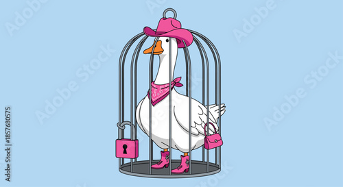 Quirky white goose wearing a pink cowgirl hat, bandana, boots, and holding a purse while standing inside a large silver birdcage.