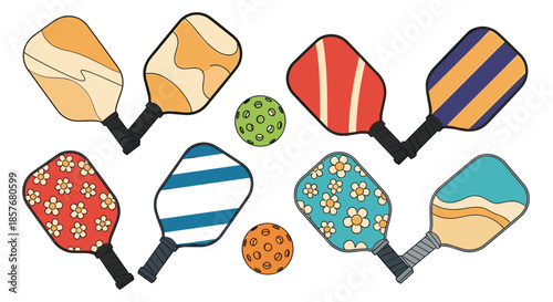 Vibrant collection of pickleball paddles featuring various artistic patterns like flowers and stripes along with two colored balls.
