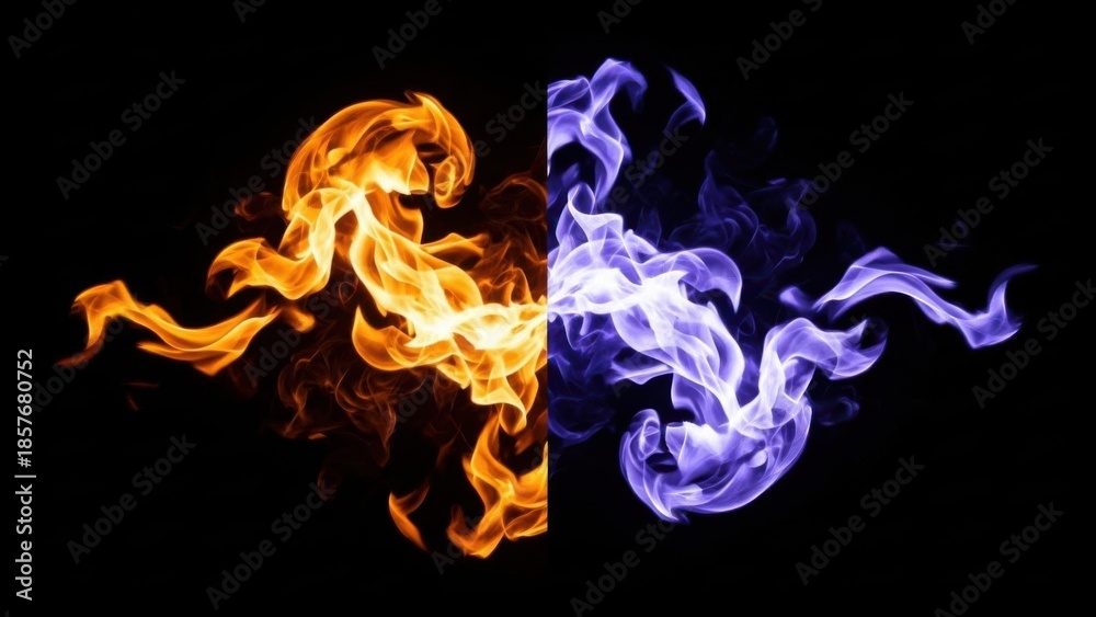 Fototapeta premium Vibrant orange and purple flames contrasting on black background