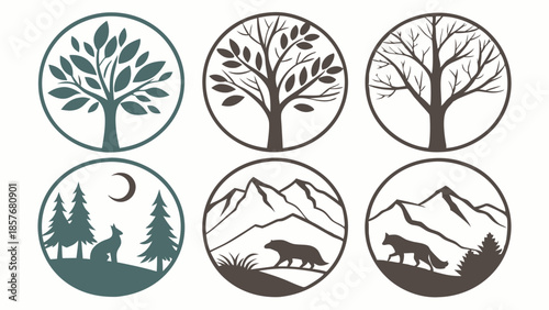 Minimalist Nature Silhouettes Set Tree and Wildlife Icons Rustic Circular Logo Templates for Outdoor Adventure Brand Identity and Web Design.