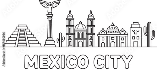 Mexico city outline skyline vector with pyramid monument and historical buildings drawing
