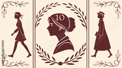 Retro Elegant Female Profile Silhouette Portrait in Laurel Wreath Triptych Design for Classic Branding and Historical Web Graphics