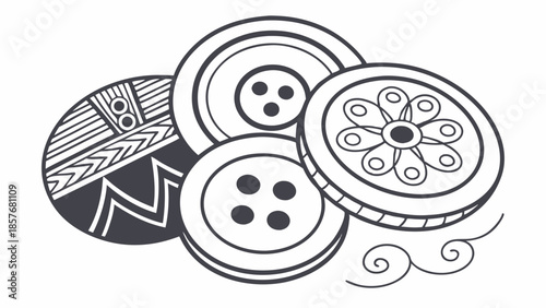 Detailed Decorative Buttons Line Art Illustration Vintage Sewing Supplies Monochrome Pattern for Crafting Hobby and Web Design
