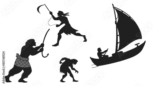 Black Silhouettes Of Armed Pirates And Raiders Attacking A Sailing Ship Historical Maritime Conflict Illustration
