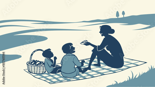 Happy Mother and Two Sons Enjoying Outdoor Summer Picnic Vintage Duotone Illustration of Family Leisure and Childhood Bonding Graphic Design