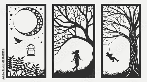 Dreamy Nature Silhouette Triptych Wall Art Set Moon Stars Tree Woman Walking and Child Swinging Decorative Panel Design