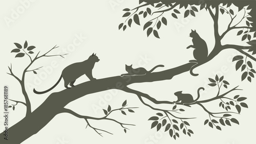 Black Cat Silhouette Wall Decal Graphic Illustration Felines Resting On A Tree Branch Minimalist Nature Design