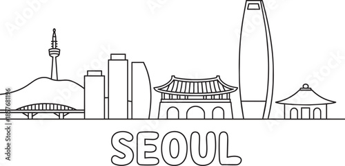 Seoul city line art skyline of famous buildings in south korea panorama design vector illustration