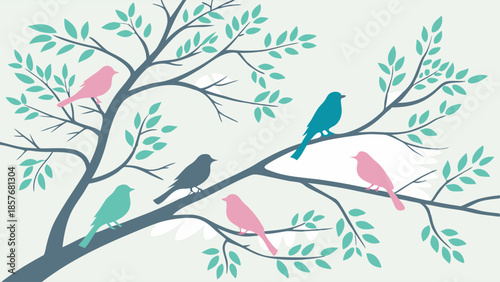 Decorative Pastel Birds and Leaves on Tree Branch Silhouette Vector Illustration Spring Nature Background for Web Design and Textiles