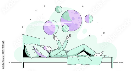 Dreaming Person Levitating Moon Phases Above Bed, Night Sky Concept