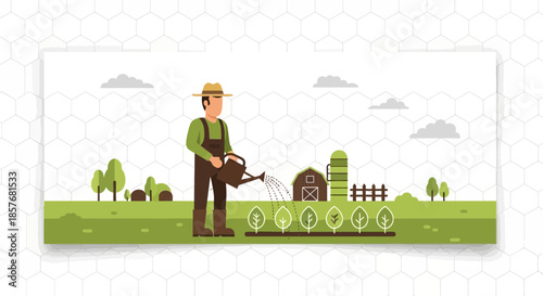 Farmer watering plants in field with barn and silo, flat vector illustration