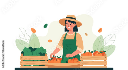 Farmer Woman with Fresh Produce in Wooden Crates, Organic Food Market Stall