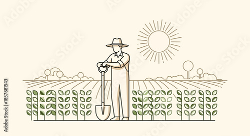 Farmer Standing in Field with Shovel, Rural Agriculture Scene