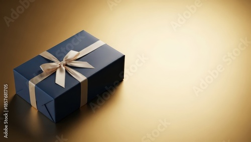 A gift box wrapped in blue paper with a beige ribbon on a brown background
