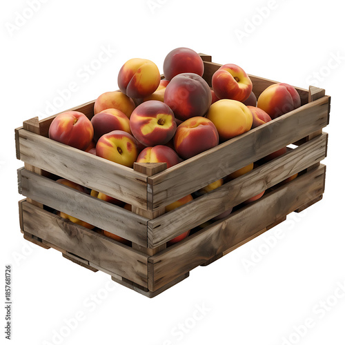Wooden crate of peaches isolated on transparent background isolated on transparent background