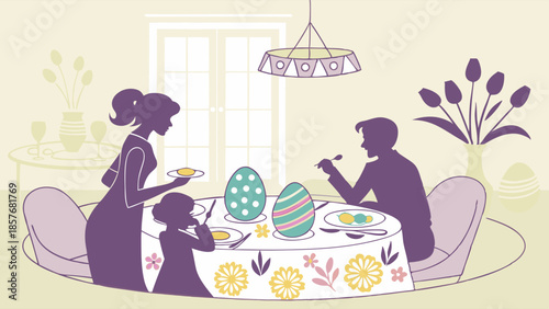 Family Easter Brunch Silhouette Vector Illustration Parents and Child Eating Holiday Meal Togetherness Spring Celebration